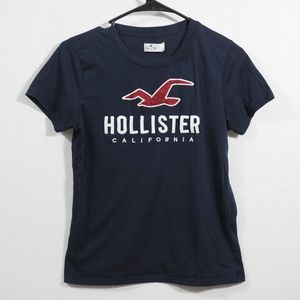 Hollister Women's Navy Blue Embroidered Large Logo T-Shirt Size Small